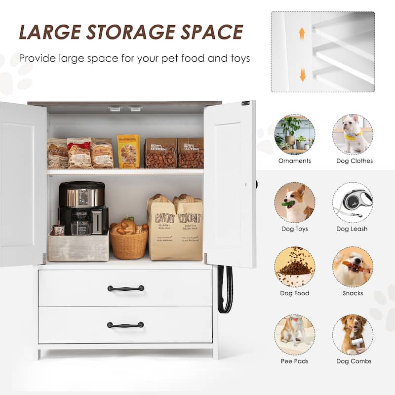 14"W Multi-functional Dog Crate,Dog Feeding Station,Double Door Locker w/2 Adjustable Dog Bowls