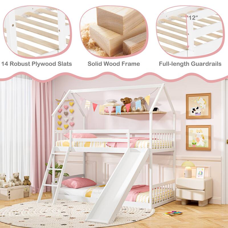 Gymax Twin Over Twin House Bunk Bed w/ Slide Solid Wood Low Bunk Bed