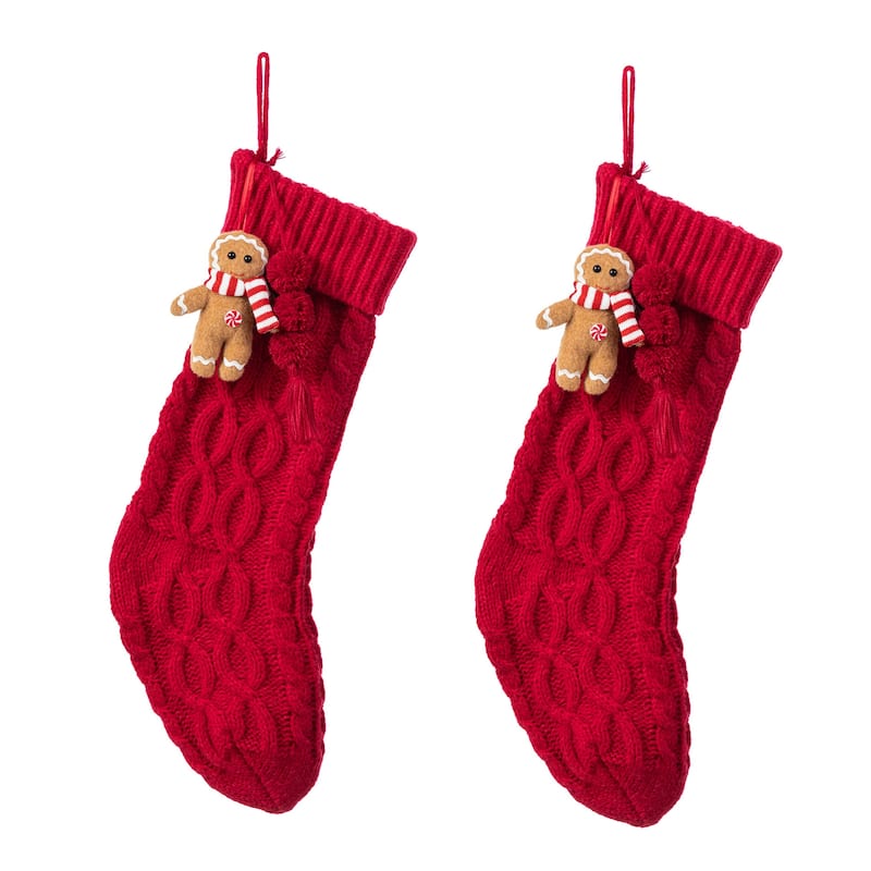 Glitzhome 22"L Knitted Christmas Stocking with Pompon Tassel or Gingerbread Man Ornament - 2PK Red