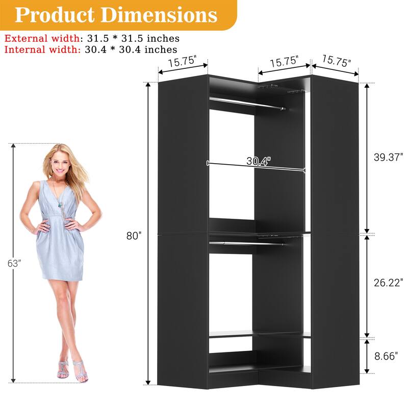 Qvella 31.5'' W Corner Closet System with Hanging Rods and Shelves,Corner Wardrobe Closet Organizer for Walk-in/Reach-in Closet