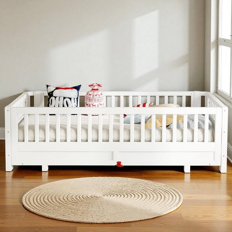 Convertible Twin/Twin XL Solid Wood Platform Bed with Guardrails, Expands to Double Twin or Queen Size, Durable Frame