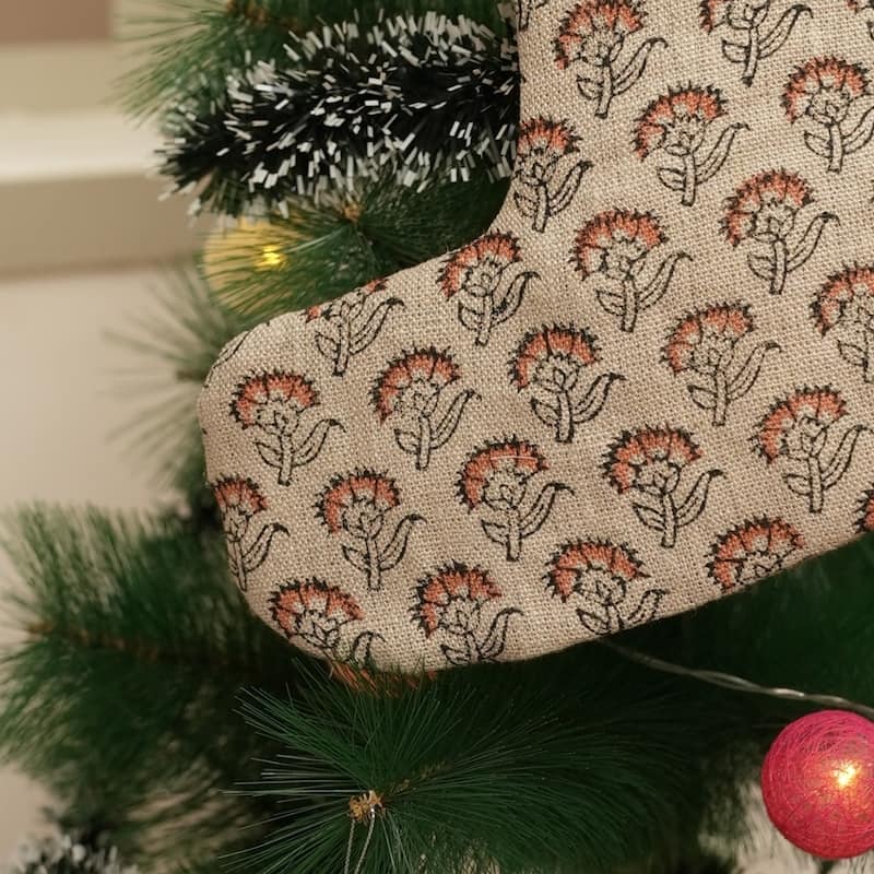 Fabdivine Handmade Linen Floral Block Print Christmas Stocking Home Décor Perfect for Gift - 10"X4.5" - Juju Flower- Brunt Orange, Black