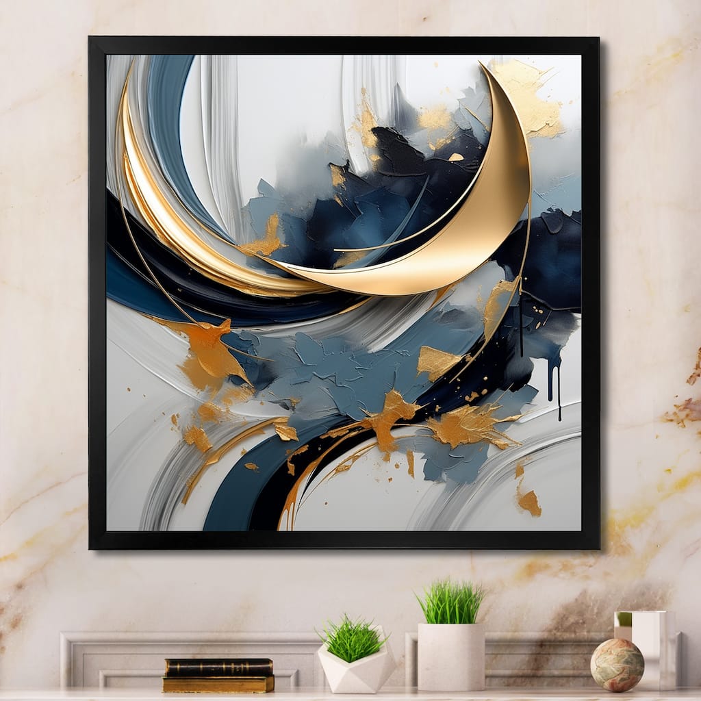 Designart "Abstract Golden Blue Whirls Of Serenity II" Abstract Fractal Gold - Modern Entryway Framed Wall Art Print