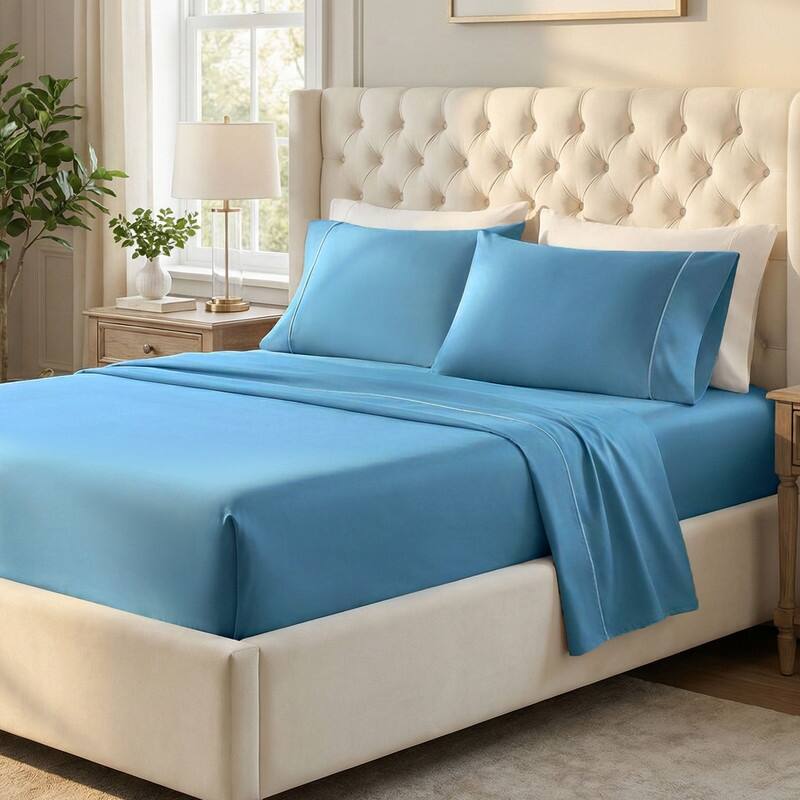 Superior Egyptian Cotton 650 TC Embroidered Deep Pocket Sheet Set - King - Medium Blue