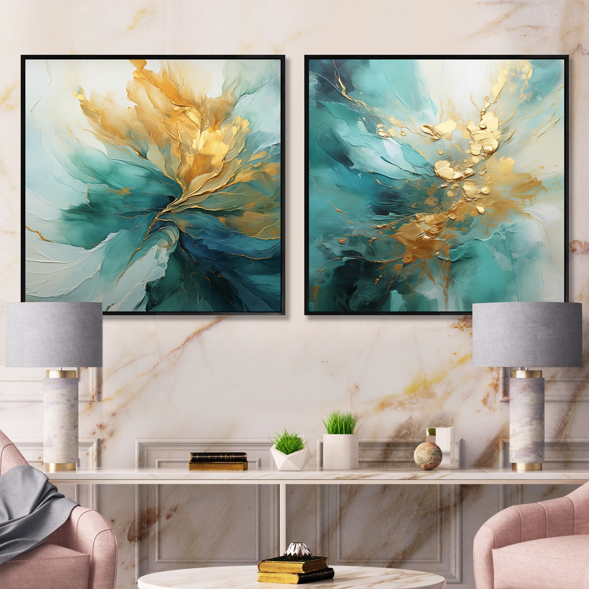 Designart "Gold And Teal Aurora Harmony" Abstract Spirals Framed Art Set Of 2 Modern Wall Art Set Gold Wall Art 2 Pieces