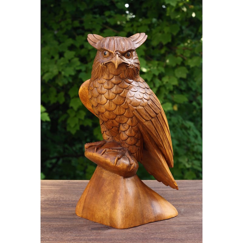 12" Large Wooden Handmade Owl Statue Handcrafted Figurine Art Home Decor Sculpture Wood Hand Carved Decorative Accent