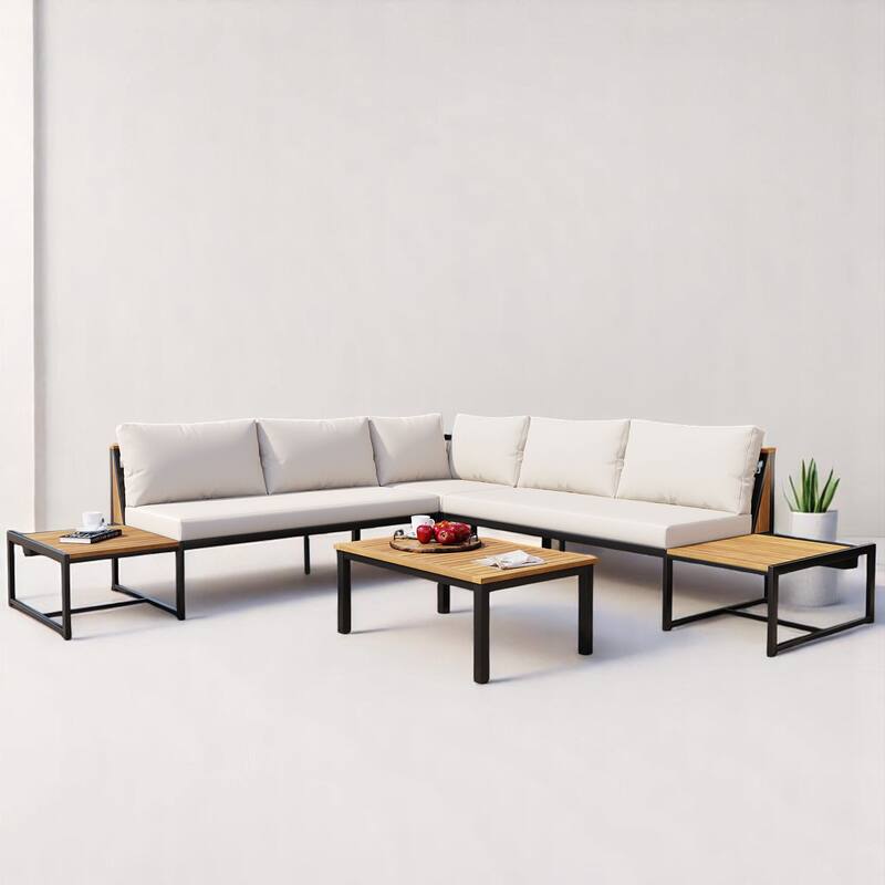 4-Piece Outdoor Sofa Set with Loveseat, Corner Chair, Coffee Table, and Cushions, Iron and Acacia Wood Frame,Patio Furniture set