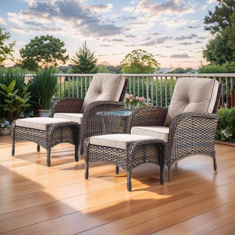 Gymojoy 5-Piece Outdoor Wicker Patio Chair Ottoman Set, Rattan Coversation Set with Water Resistant Cushions