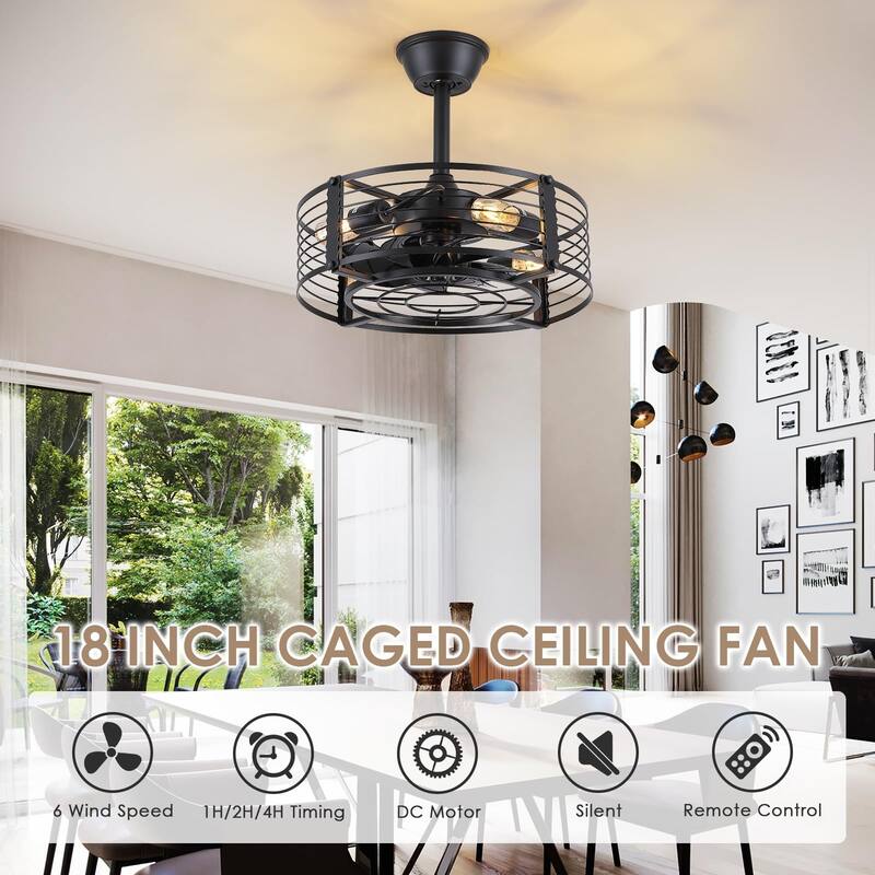 KAYLA 18'' Ceiling Fans with 7 Blades, Black Caged Ceiling Fan with Lights, E16 x 4 - N/A
