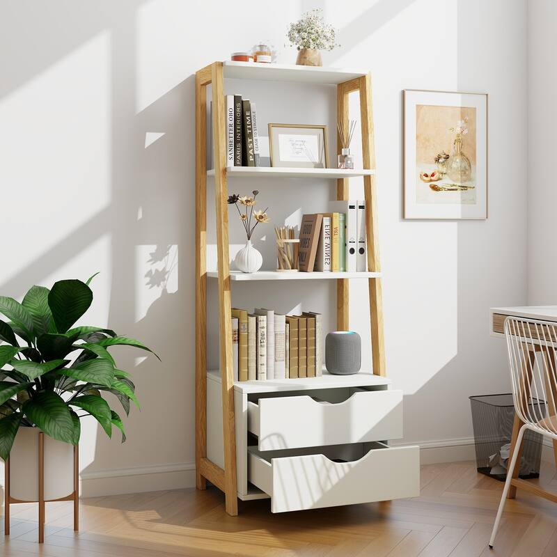 Space-Saving 4-Tier Ladder Shelf Organizer with Dual Drawers - 20.5" x 15.6" x 52.44" (L x W x H) - White