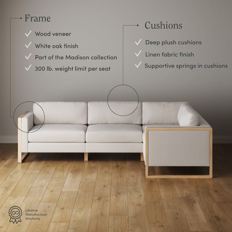 Madison Modern Upholstered Modular Sofa or Couch for Living Room with Solid Wood Legs