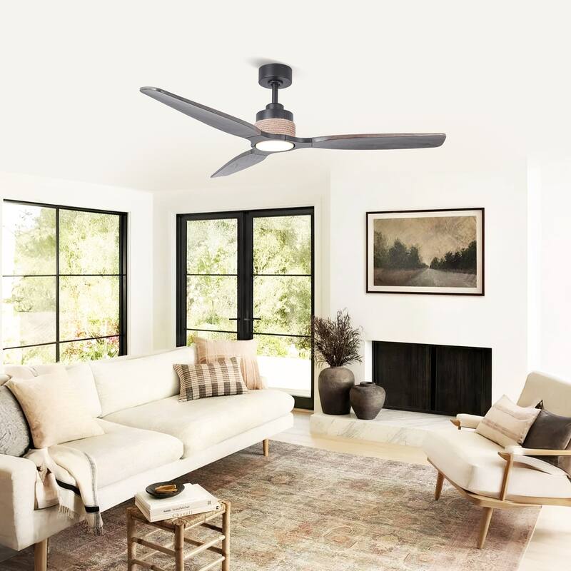 56" American Country Jute Solid Wood Black Ceiling Fan with 3CCT Light and Remote