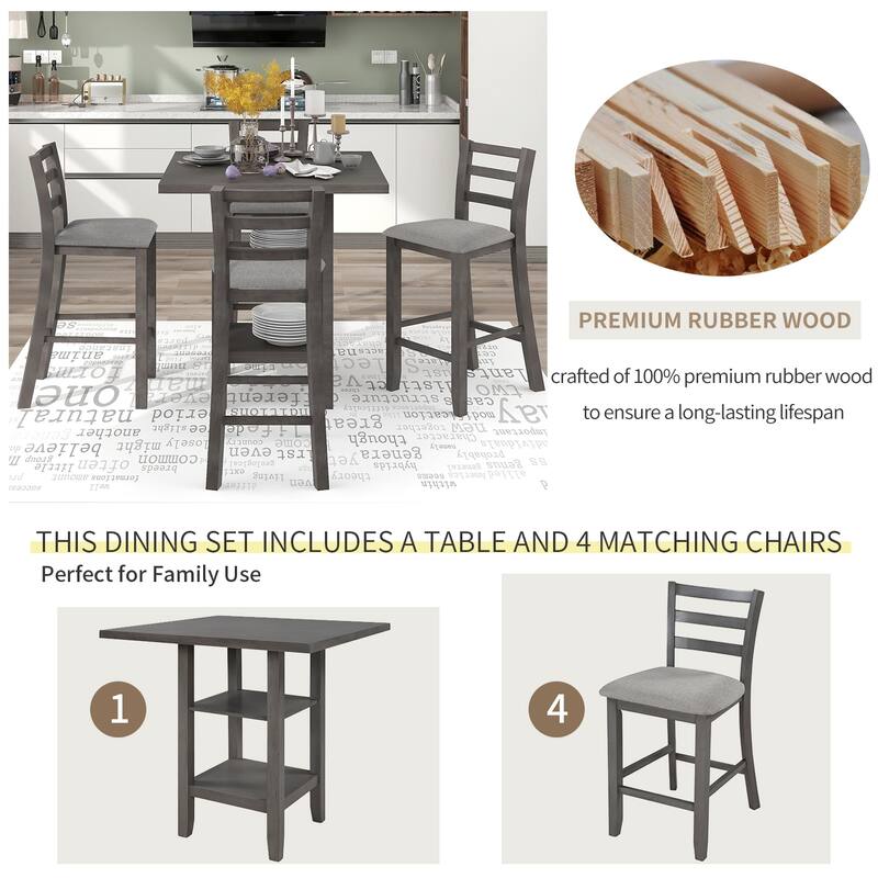 Gray 5-Piece Counter Height Wooden Dining Table Set with 4 Chairs & Storage