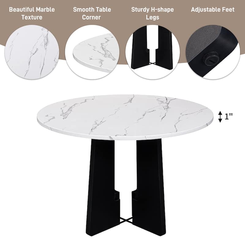 Marble Texture Round Dining Table for 4 with Sturdy H-shape Legs, Coffee Table Kitchen Table with Adjustable Feet