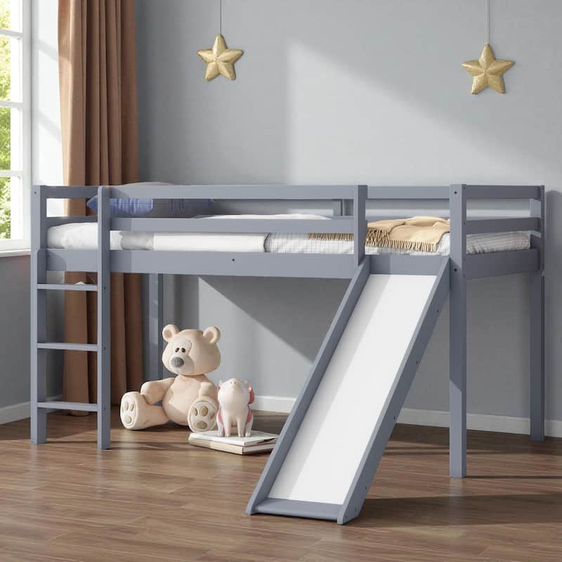Twin Low Loft Bed with Slide and Ladder, Solid Rubber Wood Loft Bed with Guardrails and Underbed Play or Storage Space