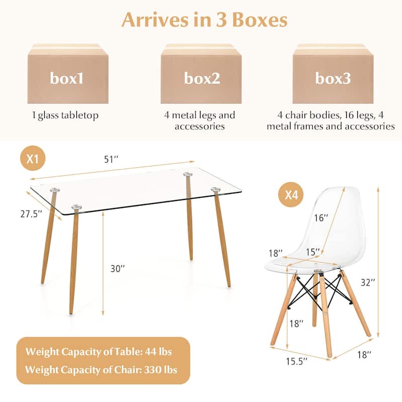 Gymax Modern 5-Piece Dining Table Set w/ Rectangle Glass Table & 4
