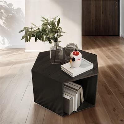 23.62" Wood Hexagonal Coffee Table with Storage Shelf