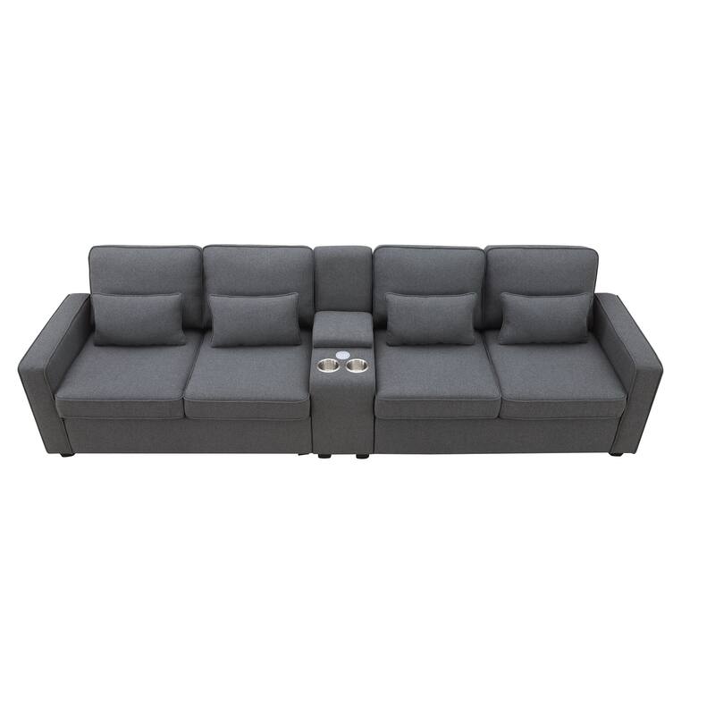 Linen Straight Row Sectional Sofa w4 Pillows, Console, Wired or Wirelessly Charged, Side Pockets, 2 Cupholders and 2 USB Ports