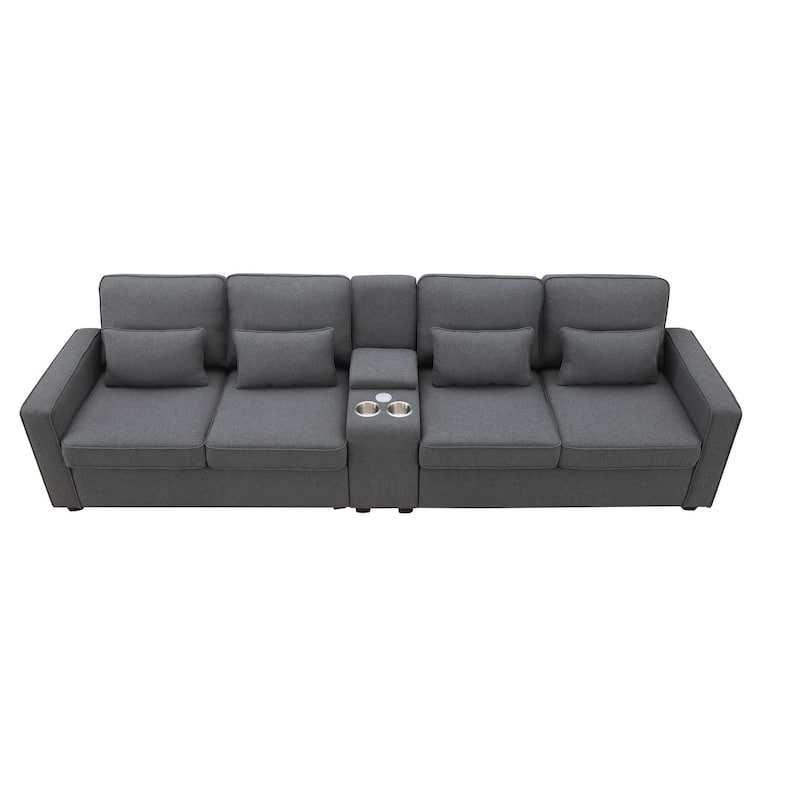 Modern 4-Seat Sofa with Console, Wireless Charging, 2 Cupholders, and 4 Pillows, Upholstered in Linen Fabric