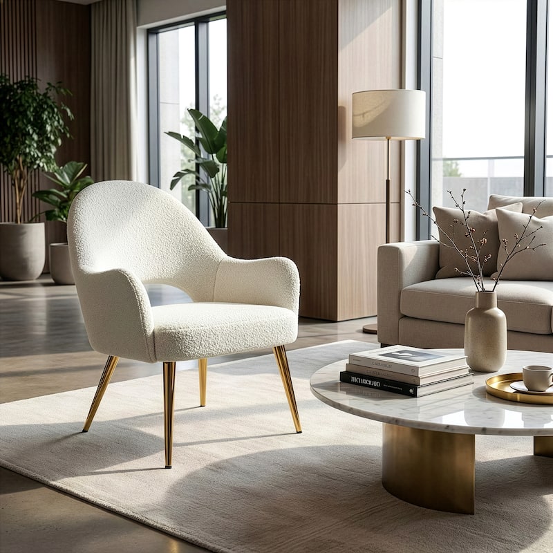 Azael White Boucle Accent Chair with Gold Legs