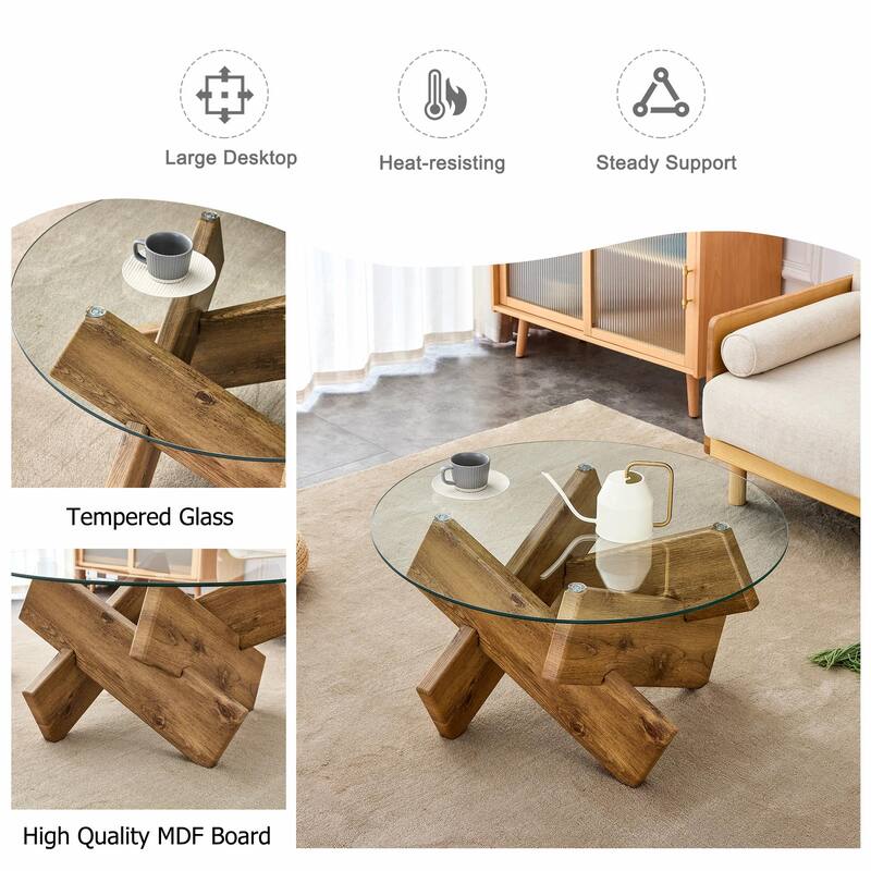 Modern 33.4-Inch Circular Glass Coffee Table with Distinctive Design