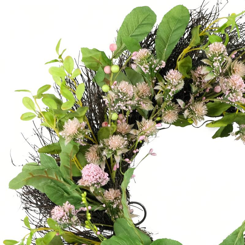Echinops Artificial Floral Spring Wreath - 24" - Green and Pink