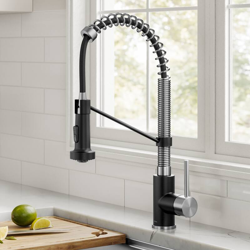Kraus Bolden 2-Function 1-Handle Commercial Pulldown Kitchen Faucet - KPF-1610 - 18" Height - SFSMB - Spot Free Stainless Steel/ Matte Black