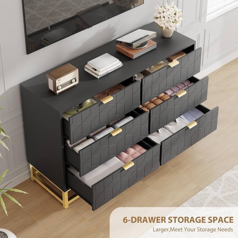 6 Drawer Dresser for Bedroom with Gold Metal Handles for Hallway, Entryway