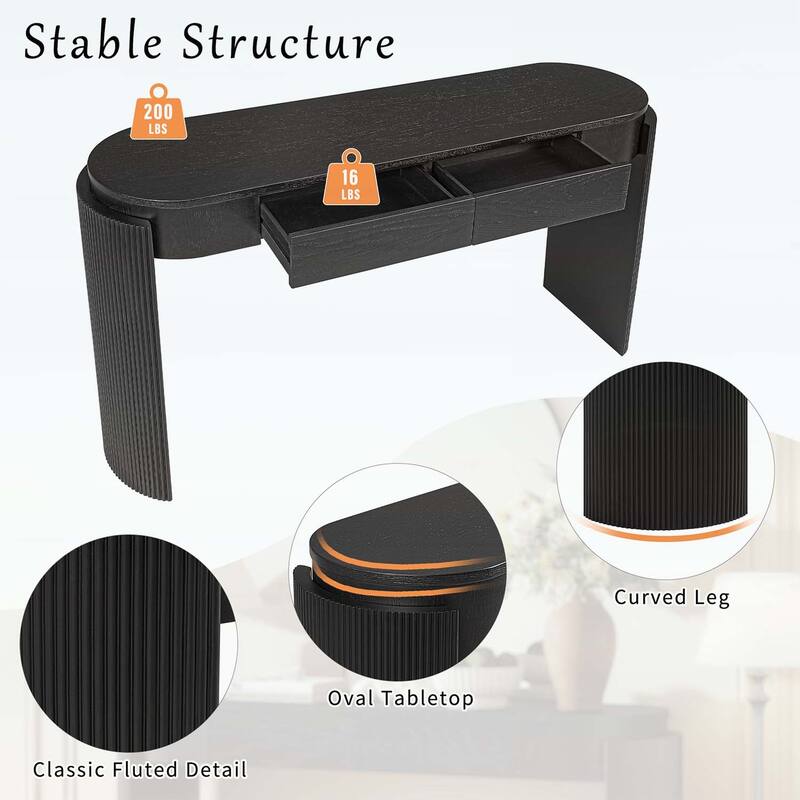 Console Table with Fluted Legs,Oval Top and 2 Drawers for Modern and Elegant Living Spaces