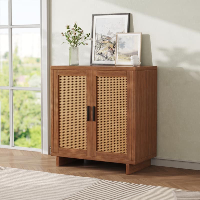Mid-Century Modern Rattan Sideboard Storage Accent Cabinet with 2 Door - Walnut