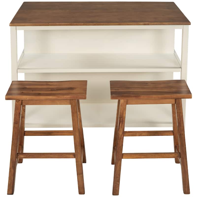 Rubber Wood Top Kitchen Island Set with Seating and Open Shelve, 3pc