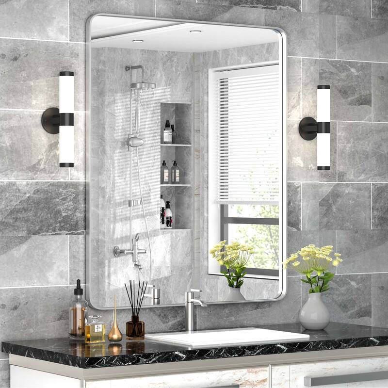 Modern Wall Mirrors, Rectangular Mirror with Stainless Steel Framed, Bathroom Mirror with Round Corner, Vanity Mirror - 16W * 24H Inches - Brushed Silver