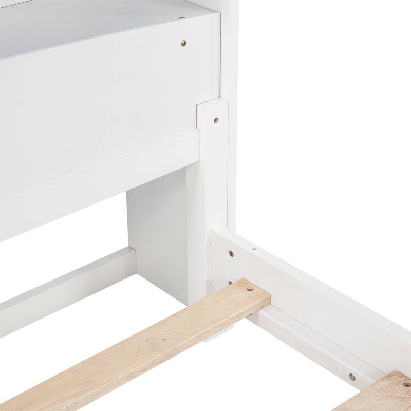 Twin Size Pine Bed w/ Bookcase Headboard ,LED Sensor Light, Guardrails