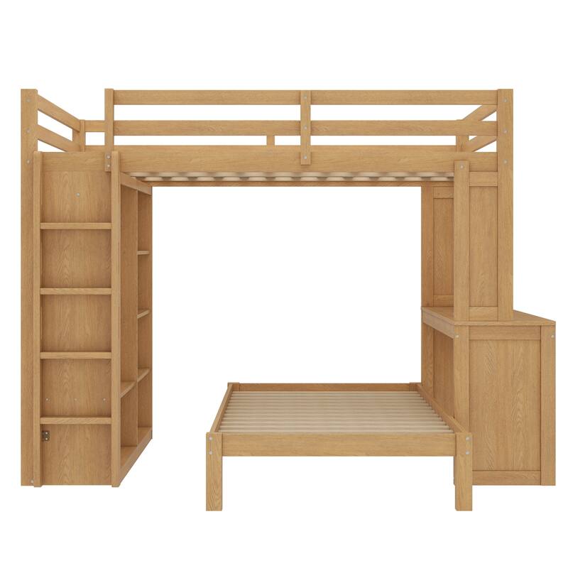Queen Size Loft Bed & Twin Size Platform Bed Set, Wood Bunk Bed with Built-in Desk, Open Shelves and Wardrobe, Queen Over Twin