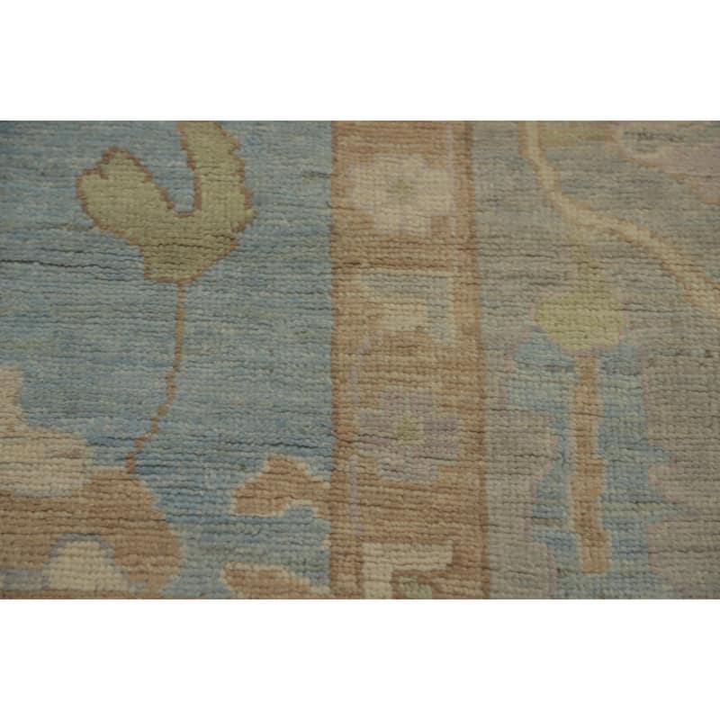 Handmade Blue Oushak Vegetable Dye Large Rug, Flora Geometric Carpet - 13' 8'' X 9' 10''