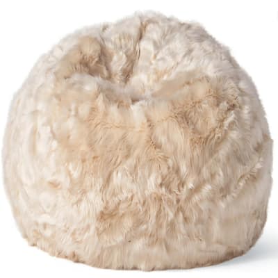 Cat 3 foot Rounded Shag Fur Bean Bag, White and Beige