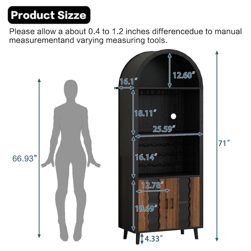 71"Farmhouse Arched Wine Bar Cabinet, Arch Cabinets &Coffee Bar, Whiskey Station With Wine Rack And Wine Glass Holder