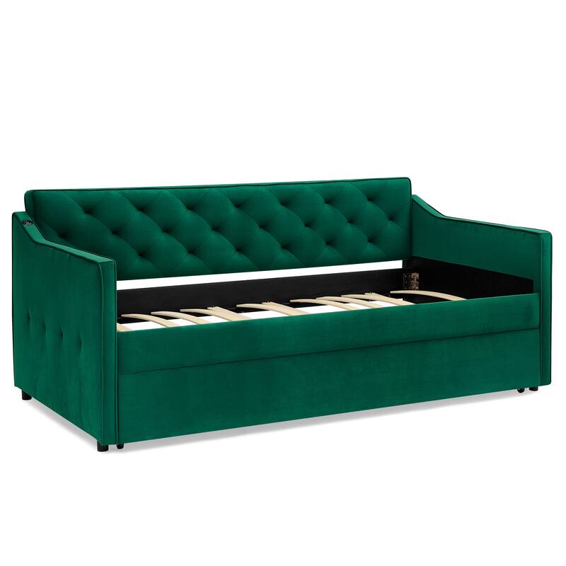 Twin Upholstered Daybed with Pop-Up Trundle & USB Charging Ports