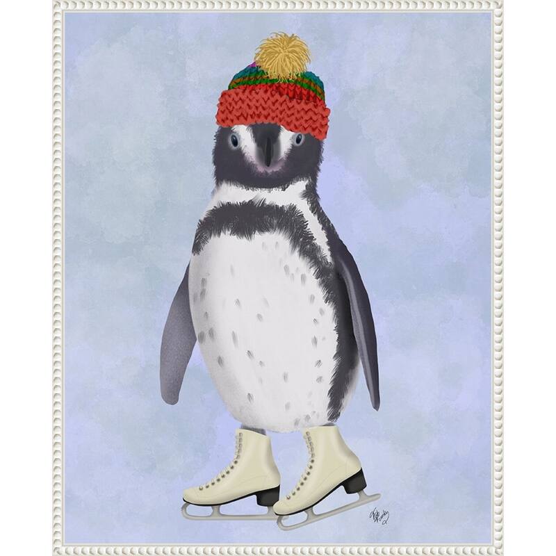 Penguin Ice Skating by Fab Funky (23 x 28 in.), Framed Canvas Wall Art Print - Sylvie Beaded White