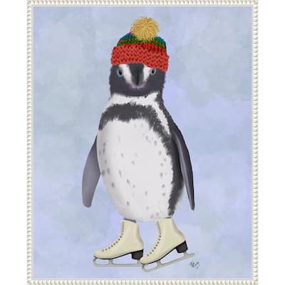 Penguin Ice Skating by Fab Funky (23 x 28 in.), Framed Canvas Wall Art Print - Sylvie Beaded White