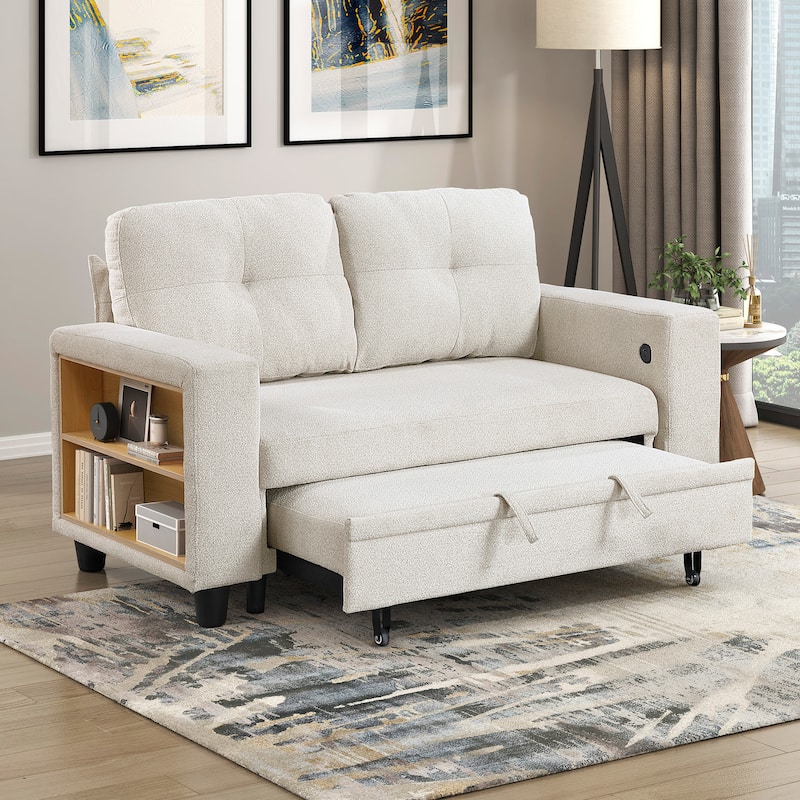 Hazel 56.5" Boucle 2-Seater Loveseat - Pull-out Bed, Shelves, USB Port