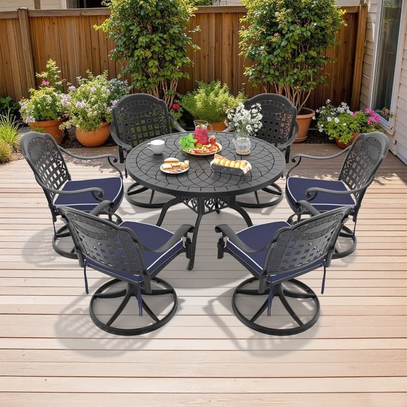 7-Piece Aluminum Round Outdoor Patio Dining Set, 6 Cushioned Swivel Chairs, Table, All-Weather Frames - Black