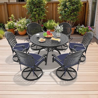 7-Piece Aluminum Round Outdoor Patio Dining Set, 6 Cushioned Swivel Chairs, Table, All-Weather Frames