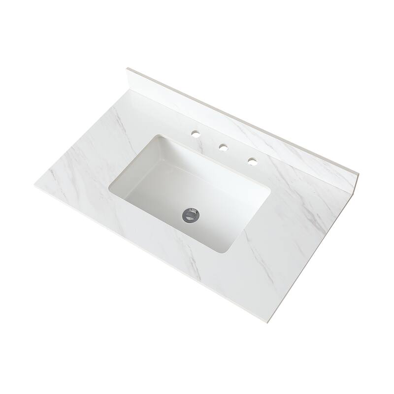 Durable 37-Inch Sintered Stone Vanity Top, Pre-Drilled Faucet Hole, and Carrara White Pattern - 37.01in L