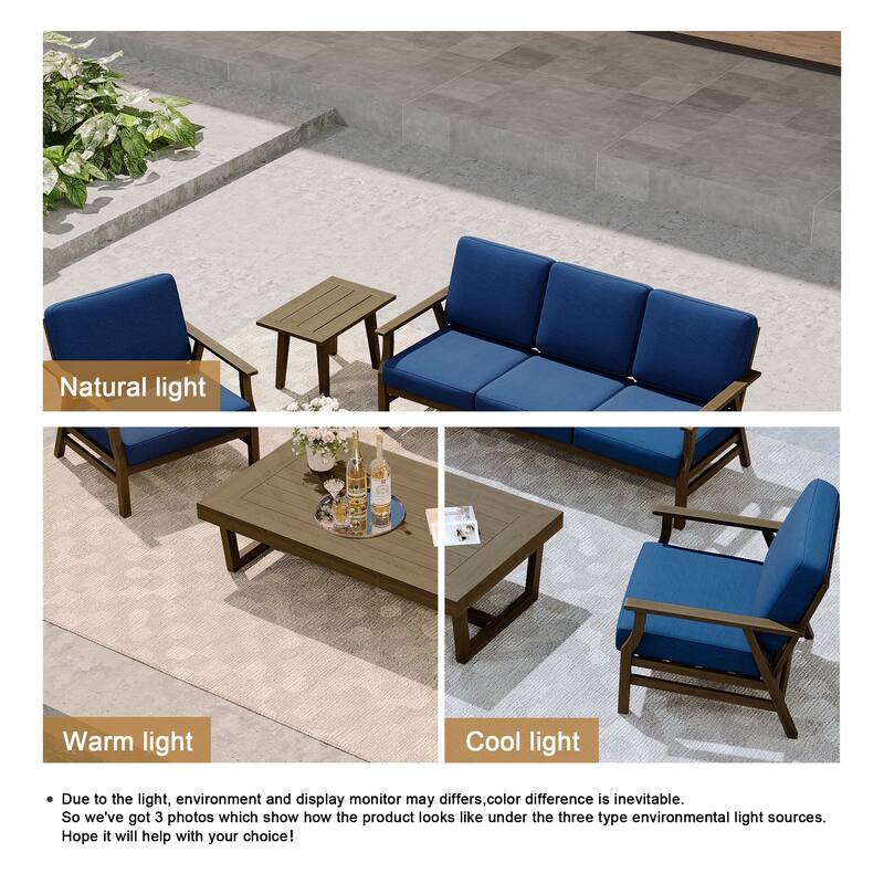 Modern Wood Cushioned Outdoor Patio Sofa Loveseat with Coffee Table