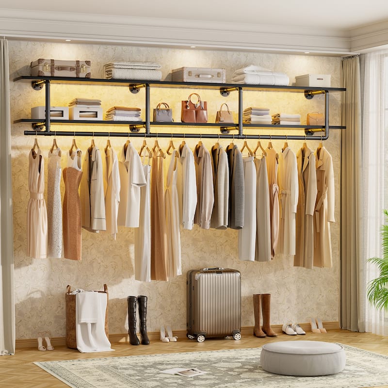 Floating Pipe Heavy-Duty Garment Rack, Wall-Mounted Closet Organizer with Storage Shelves - 72.5'' - Black