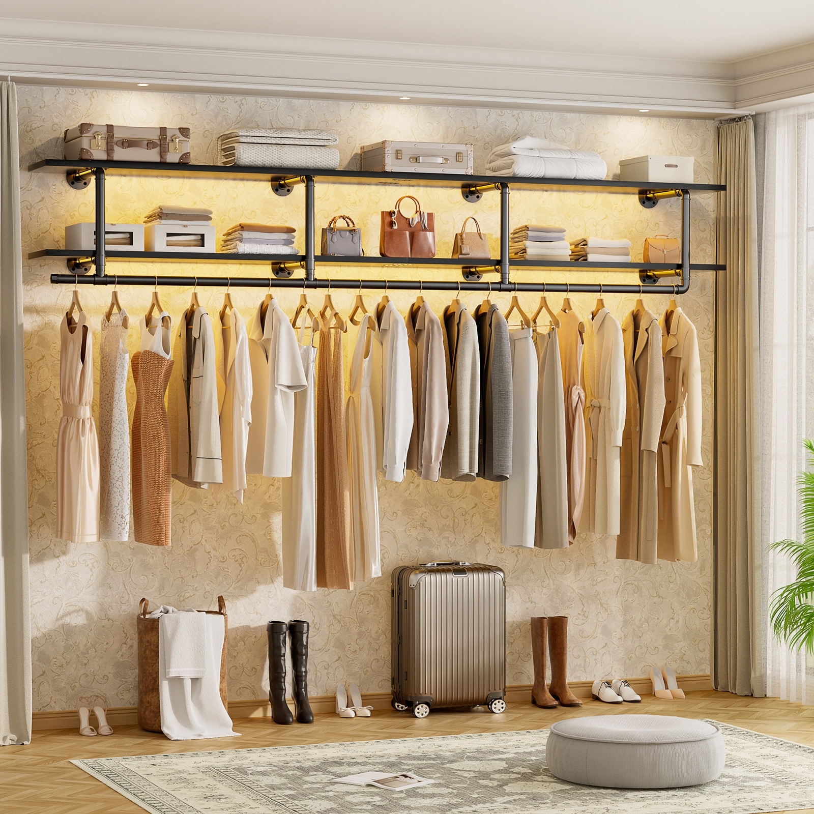 Floating Pipe Heavy-Duty Garment Rack, Wall-Mounted Closet Organizer with Storage Shelves