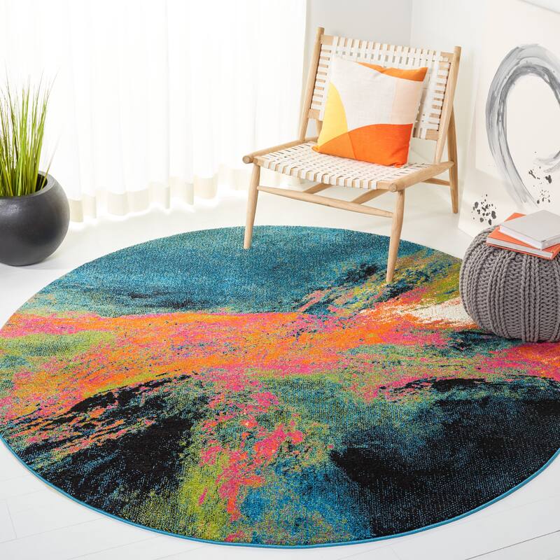 SAFAVIEH Galaxy Consuela Modern Abstract Rug - 6'7" x 6'7" Round - Blue/Orange