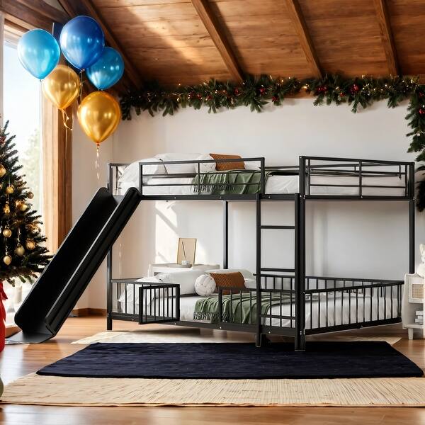 slide 2 of 30, Unique Metal Full over Full Size Bunk Bed with Slide and Guardrails,Versatile Functionality For Home Black