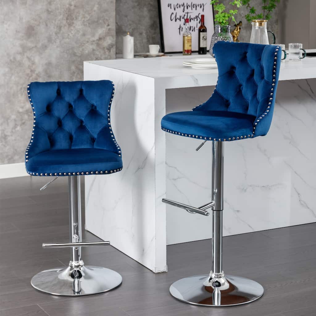 Set of 2 Swivel Velvet Bar Stools, Chrome Base & Tufted Back, Adjustable Height 25-33" for Kitchen Island - Blue